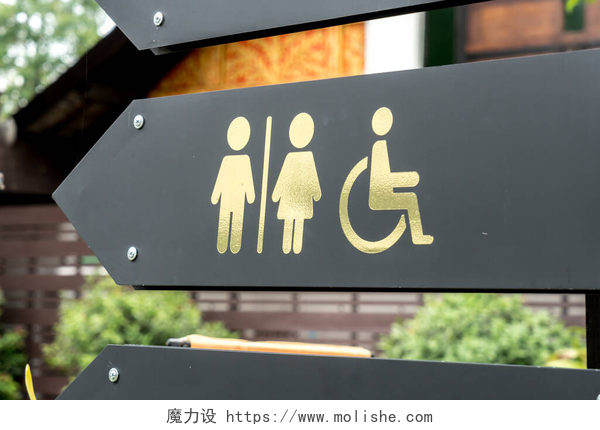 厕所的标志黑色厕所标签，上面有金色标志